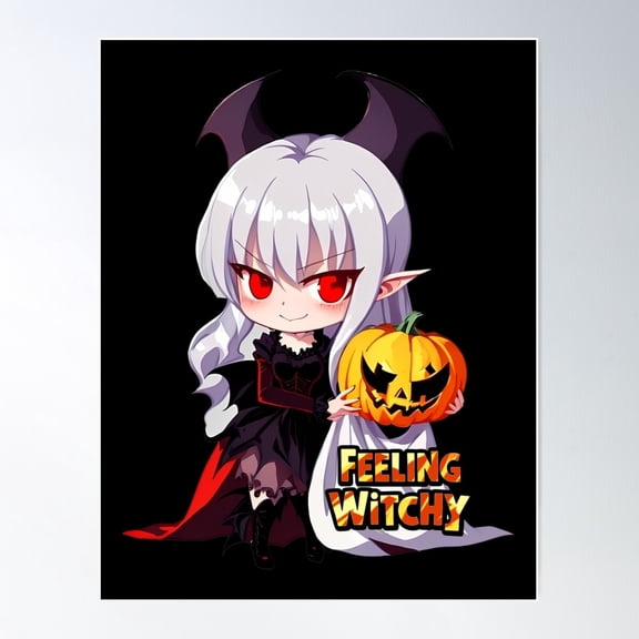 Feeling Witchy: Chibi Vampire & Pumpkins Poster Wall Art, Modern Wall Decor For Living Room Bedroom, 16x24 UNFRAMED