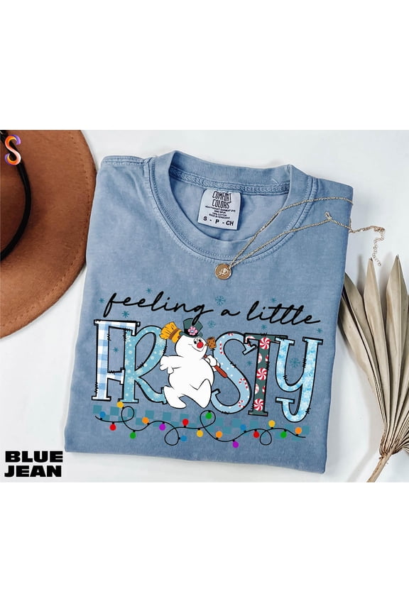 Feeling a Little Frosty Snowman Graphic Print T-Shirt | Funny Christmas Design | Comfort Colors Blue Jean Tee