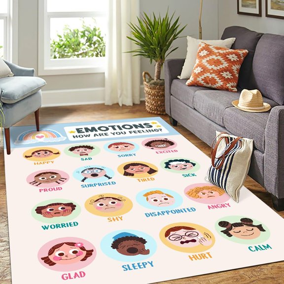 Feelings Chart Rug, Mental Health Carpet, Classroom Elementary ABC Floor Mat Anti-Skid for School & Learning Area, Student Playroom Decor (3x5ft)