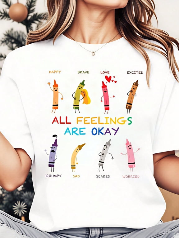 All Feelings Are Okay Crayon Emotions T‑Shirt, Women Loose Casual Short‑Sleeve Graphic Tee, Mental Health Social Worker School Counselor Teacher Gift Top For Everyday Wear