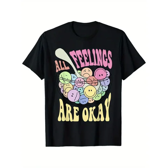 All Feelings Are Okay Mental Health Awareness Month T-Shirt - 100% Cotton 180gsm Relaxed Fit Unisex Tee with Colorful Emoticons & Geometric Print, Large Sizes 1XL-5XL, Black