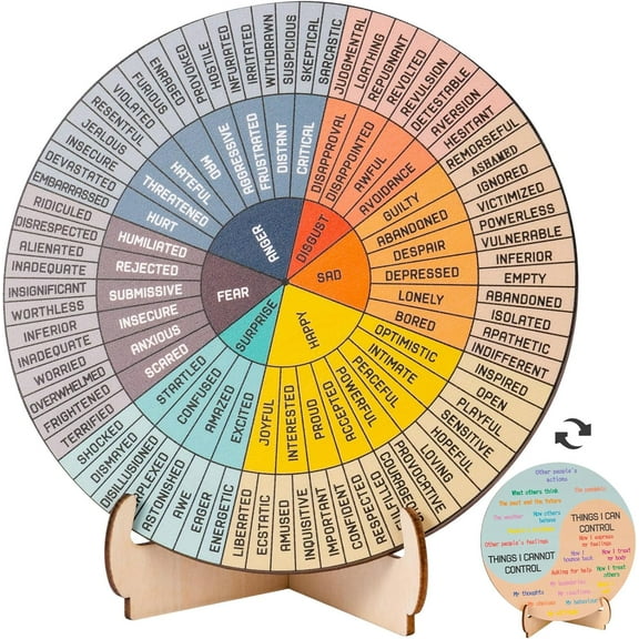Feelings Wheel Therapy Office Desk Decor - 10.6" Large Double Sided Mental Health Emotions Chart with Stand, Therapist Gifts for Home Office Women Man