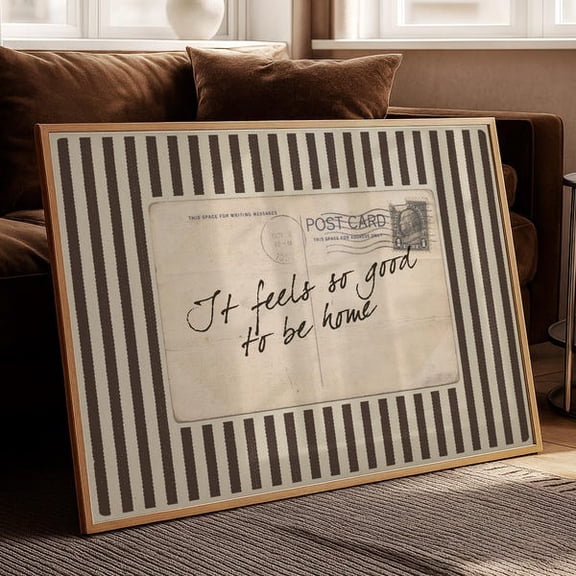 It Feels So Good to Be Home Vintage Postcard Wall Art Neutral Striped Typography Print, Cozy Sentimental Retro Quote Art,, Unframed Paper Poster 8x10in