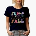 thumbnail image 1 of Feels Like Fall, Autumn Season Themed, Groovy Retro Wavy Text Merch Gift, Navy Blue T-Shirt, Small, 1 of 5
