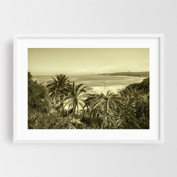 Feels Vintage, La Jolla - San Diego California Photography Palm Tree Coast Beach Ocean Tropical Nature Landscape White Framed Wall Art Print 5 x 7 inches