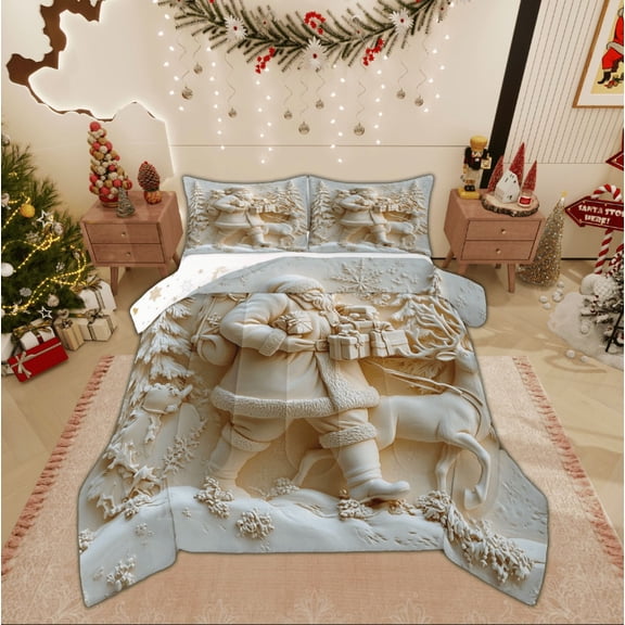 Feelyou 2-Piece 3D Santa Twin Comforter Set, Xmas Reindeer Fairy Tale