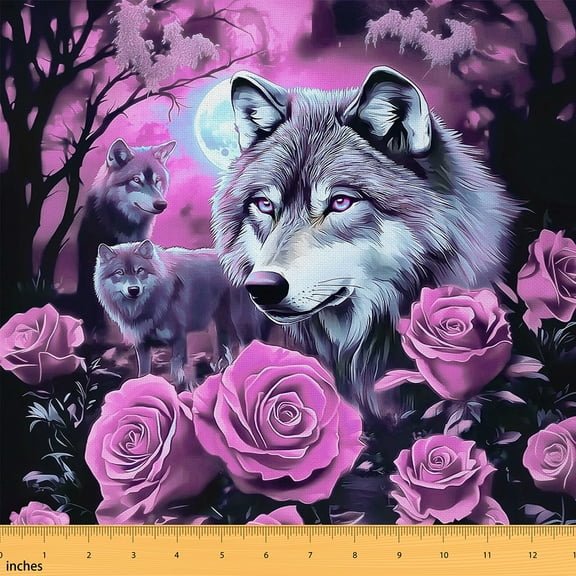 Feelyou 3D Animal Wolf Fabric by the Yard 1 Yard, Rose Flower Floral Home Decor Fabric by the Yard, Couple Anniversary Sewing Fabric, Lightweight Room Decor