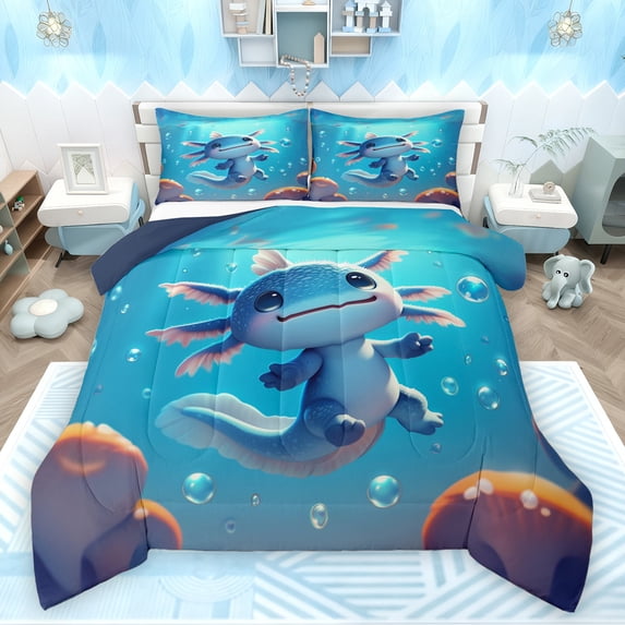 Feelyou 3D Axolotl Animal Queen Comforter Set for Kids, Dreamy Marine Sealife Bedding Sets, Ocean Animal Theme Reversible Bedding Comforter Set, Microfiber Bedroom Decor, 3 Pieces
