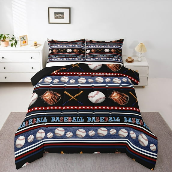 Feelyou 3D Baseball Sports Queen Comforter Set for Teen, Cartoon Stars Print Bedding Sets, Vintage Striped Geometric Reversible Bedding Comforter Set, Breathable Home Decor, 3pcs