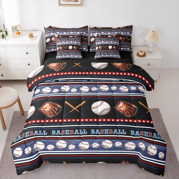 Feelyou 3D Baseball Sports Twin Bedding Sets 7-Piece for Teen, Cartoon Stars Print Bedding Comforter Set, Vintage Striped Geometric Reversible Sheet Sets, Breathable Home Decor
