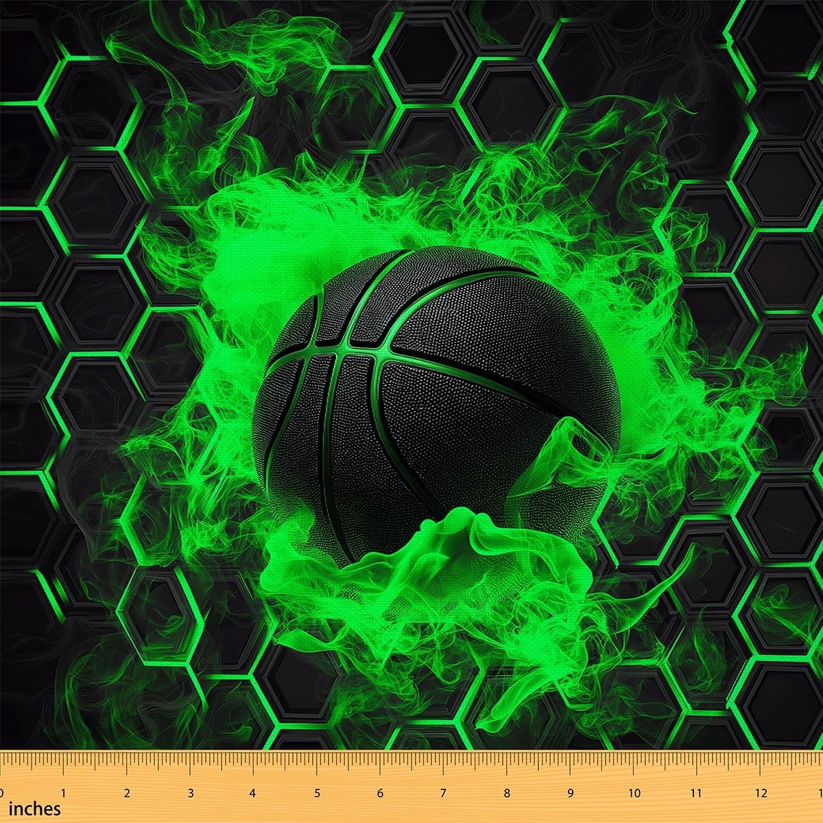 Feelyou 3D Basketball Kids Fabric by the Yard 2 Yards, Black Green Room Decor Fabric by the Yard, Honeycomb Geometric Fabric for Sewing, Lightweight Room Decor