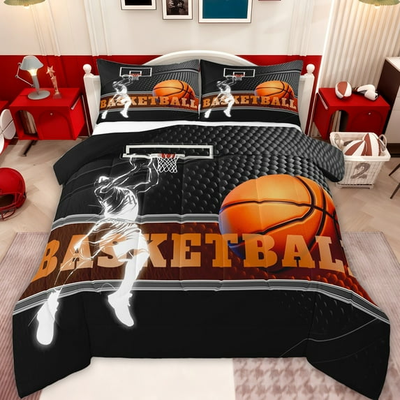 Feelyou 3D Basketball Print Bedding Comforter Set for Teen, Eat Sports Sleep Twin Comforter Sets, Cartoon Ball Gaming Reversible Bedding Set, Microfiber Bedroom Decor, 2-Piece