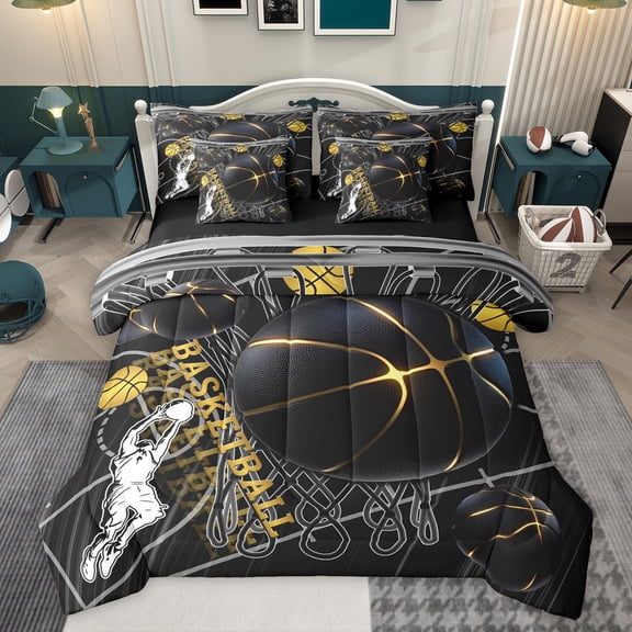 Feelyou 3D Basketball Print Twin Bedding Sets 7-Piece, Modern Sport Athlete Bedding Comforter Set, Ball Game Lover Reversible Sheet Sets, Ultra Soft Bedroom Decor