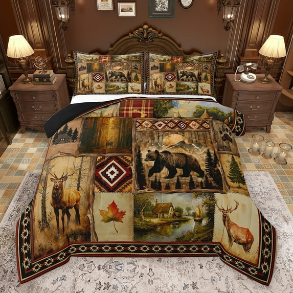 Feelyou 3D Bear Deer Bedding Comforter Set for Men, Hippie Western Aztec Twin Comforter Sets, Rustic Wildlife Hunting Reversible Bedding Set, Super Cozy Room Decor, 2-Piece