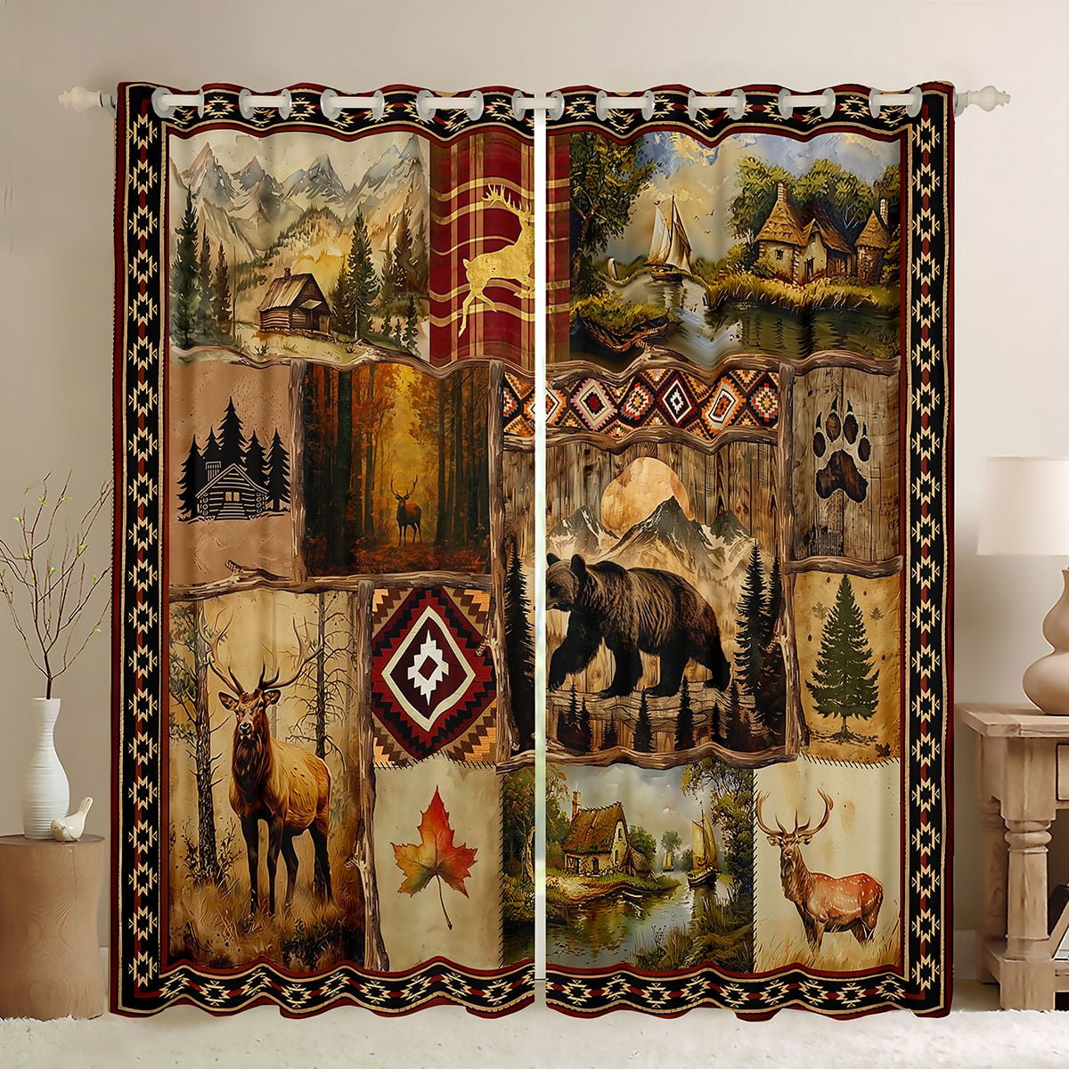 Feelyou 3D Bear Deer Black Out Curtains for Men, Hippie Western Aztec ...