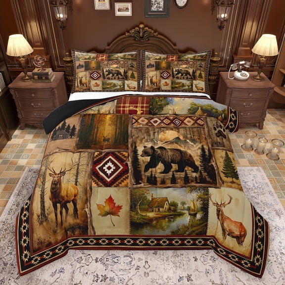 Feelyou 3D Bear Deer Full Size Comforter Sets for Men, Hippie Western Aztec Bedding Comforter Set, Rustic Wildlife Hunting Reversible Bedding Sets, Super Cozy Room Decor, 3-Piece