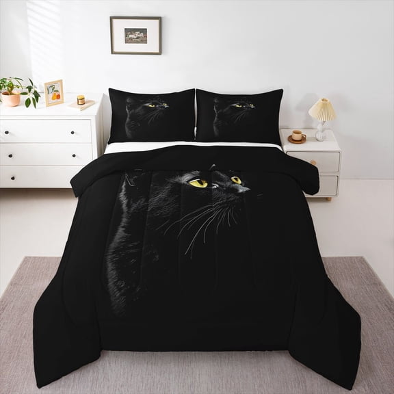 Feelyou 3D Black Cat Queen Comforter Set, Kitten Animal Lover Bedding Comforter Set, 3pcs