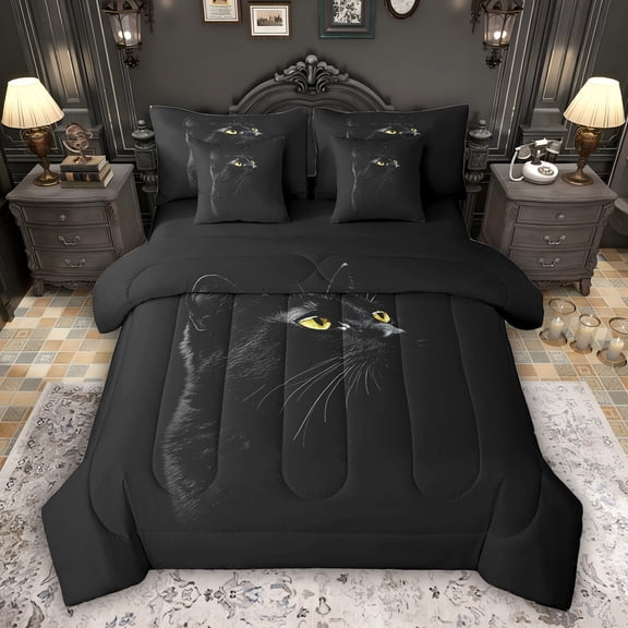 Feelyou 3D Black Cat Twin Bedding Sets 7-Piece, Kitten Animal Lover Bedding Comforter Set