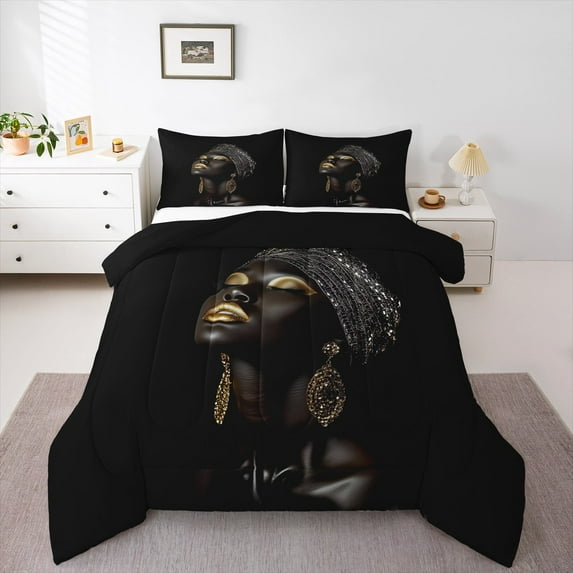 Feelyou 3D Black Girl Bedding Comforter Set, Western Princess Twin Comforter Sets, Black Gold Hippie Tribal Reversible Bedding Set, Breathable Home Decor, 2-Piece