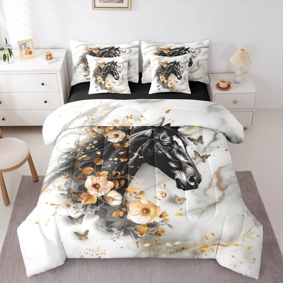 Feelyou 3D Black Horse Bedding Comforter Set 7 Pieces, Marbling Abstract Artwork Full Bedding Set, Farmhouse Flower Floral Reversible Fitted Sheet Flat Sheet, Super Cozy Room Decor