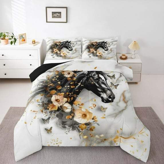 Feelyou 3D Black Horse Bedding Comforter Set, Marbling Abstract Artwork Twin Comforter Sets, Farmhouse Flower Floral Reversible Bedding Set, Super Cozy Room Decor, 2 Pieces