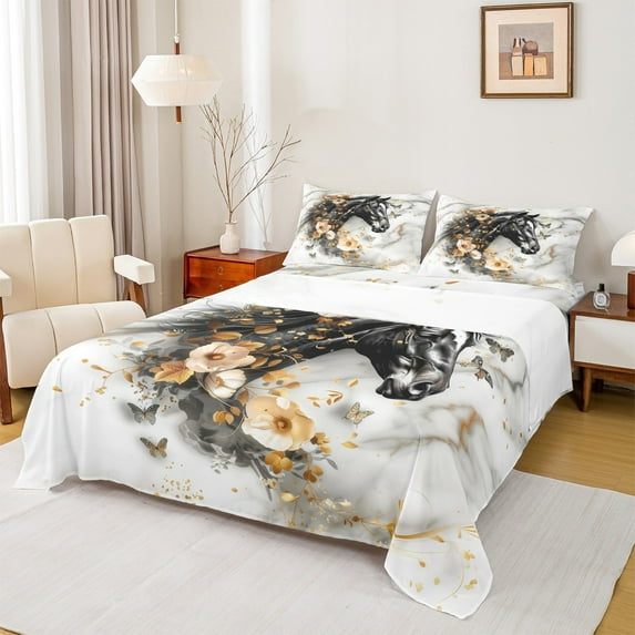 Feelyou 3D Black Horse Full Size Sheets, Marbling Abstract Artwork Bed Sheets, Farmhouse Flower Floral Sheet Sets, Super Cozy Room Decor, 4 Pieces