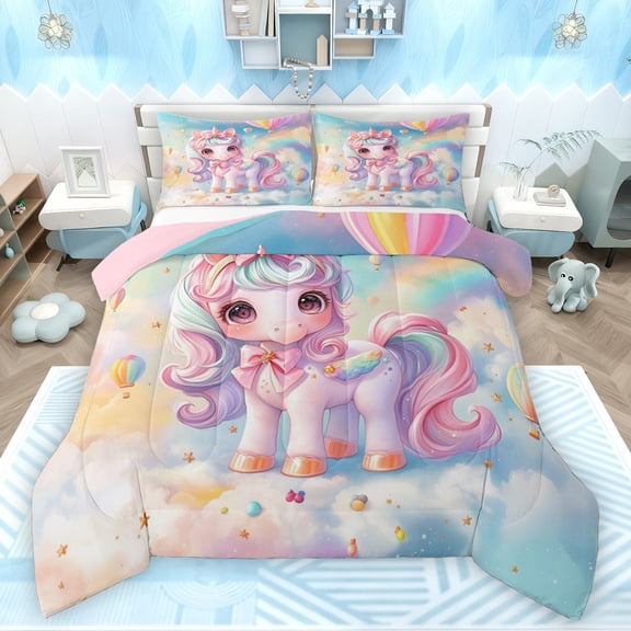 Feelyou 3D Bowknot Unicorn Bedding Comforter Set for Kids, Fairy Tale Galaxy Twin Comforter Sets, Dreamy Animal Theme Reversible Bedding Set, Lightweight Room Decor, 2-Piece