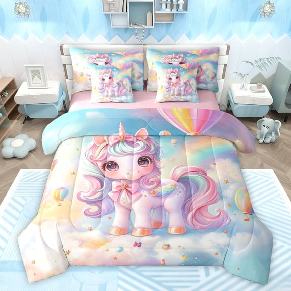 Feelyou 3D Bowknot Unicorn Twin Bedding Sets 7-Piece for Kids, Fairy Tale Galaxy Bedding Comforter Set, Dreamy Animal Theme Reversible Sheet Sets, Lightweight Room Decor