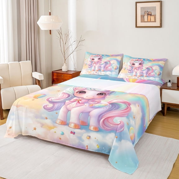 Feelyou 3D Bowknot Unicorn Twin Sheet Sets for Kids, Fairy Tale Galaxy Twin Fitted Sheet, Dreamy Animal Theme Flat Sheet, Lightweight Room Decor, 3-Piece