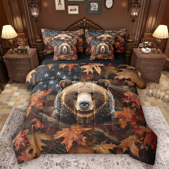 Feelyou 3D Brown Bear Bedding Comforter Set 7pcs, Autumn Leaves Queen Bedding Sets