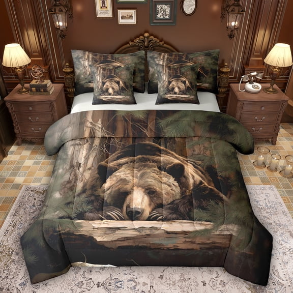 Feelyou 3D Brown Bear Bedding Comforter Set 7pcs, Farmhouse Wildlife King Bedding Sets