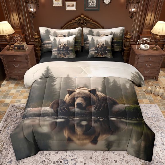 Feelyou 3D Brown Bear Bedding Comforter Set 7pcs, Jungle Wildlife Print King Bedding Sets, Countryside Style Reversible Bed Sheets, Breathable Home Decor
