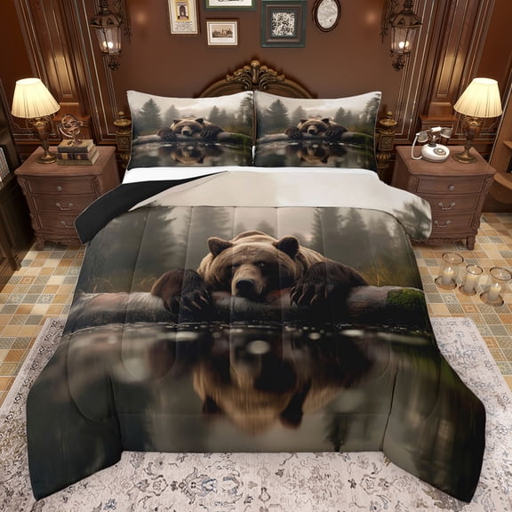 Feelyou 3D Brown Bear Bedding Comforter Set, Jungle Wildlife Print Twin Comforter Sets, Countryside Style Reversible Bedding Set, Breathable Home Decor, 2-Piece