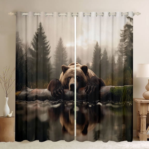 Feelyou 3D Brown Bear Blackout Curtains Set of 2 (52x84 Each), Jungle Wildlife Print Window Curtains, Countryside Style Curtains and Drapes, Curtains and Drapes Home Decor