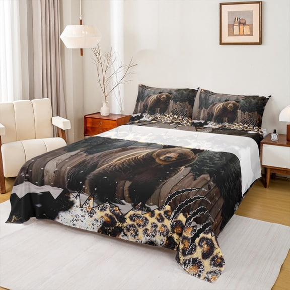 Feelyou 3D Brown Bear Full Size Sheets for Teens, Woodland Wildlife Bed Sheets, Fashion Leopard Print Sheet Sets, Microfiber Bedroom Decor, 4-Piece