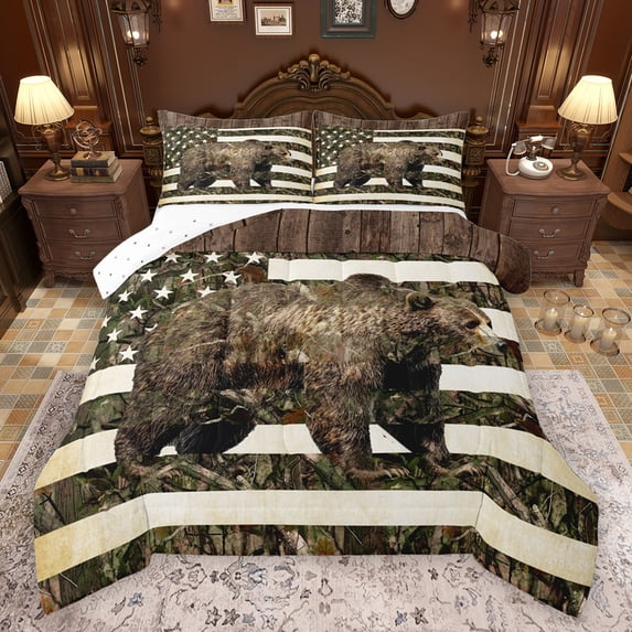 Feelyou 3D Brown Bear Queen Comforter Set for Boy, American Flag Print Bedding Sets, Jungle Leaf Branches Reversible Bedding Comforter Set, Ultra Soft Bedroom Decor, 3 Pieces