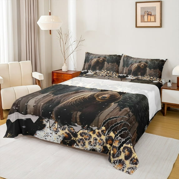 Feelyou 3D Brown Bear Queen Sheet Sets for Teens, Woodland Wildlife Flat Sheet, Fashion Leopard Print Queen Fitted Sheet, Microfiber Bedroom Decor, 4-Piece