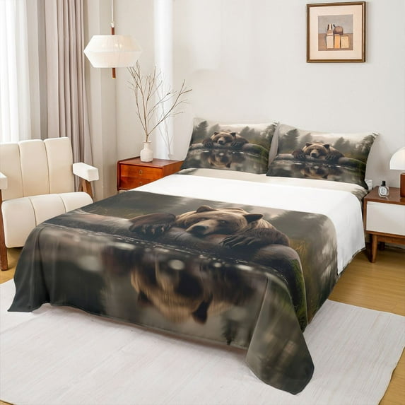 Feelyou 3D Brown Bear Twin Sheet Sets, Jungle Wildlife Print Twin Fitted Sheet, Countryside Style Flat Sheet, Breathable Home Decor, 3-Piece