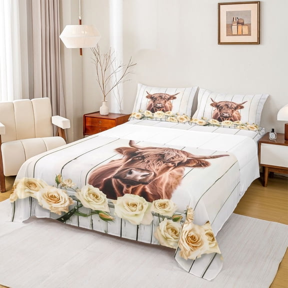 Feelyou 3D Brown Cow Twin Sheet Sets for Teen, Romantic Yellow Rose Twin Fitted Sheet, Rustic Lodge Cabin Flat Sheet, Ultra Soft Bedroom Decor, 3 Pieces