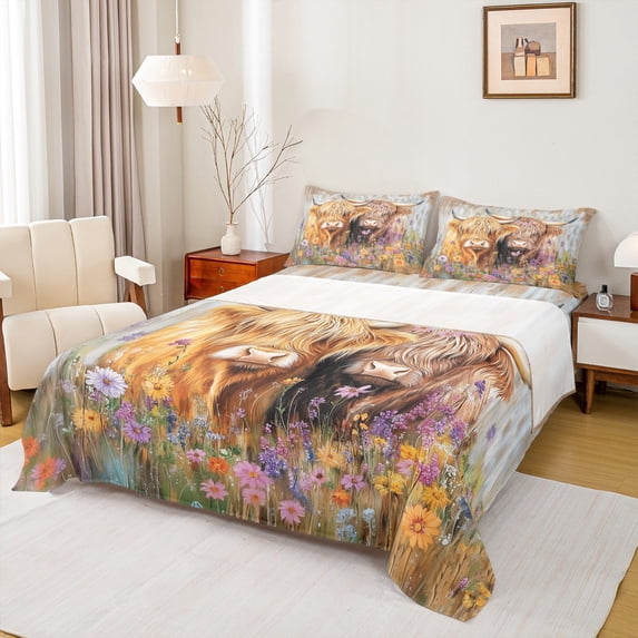 Feelyou 3D Brown Cow Twin Sheet Sets for Teen, Rustic Farmhouse Animal Twin Fitted Sheet, Vibrant Groovy Daisy Flat Sheet, Ultra Soft Bedroom Decor, 3 Pieces