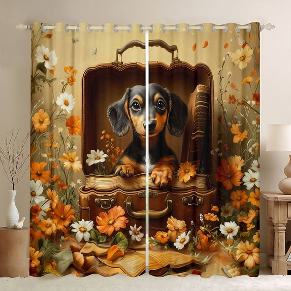 Feelyou 3D Brown Dachshund Blackout Curtains Set of 2 (52x84 Each), Rustic Groovy Floral Window Curtains, Kawaii Dog Animal Curtains and Drapes, Curtains and Drapes Room Decor