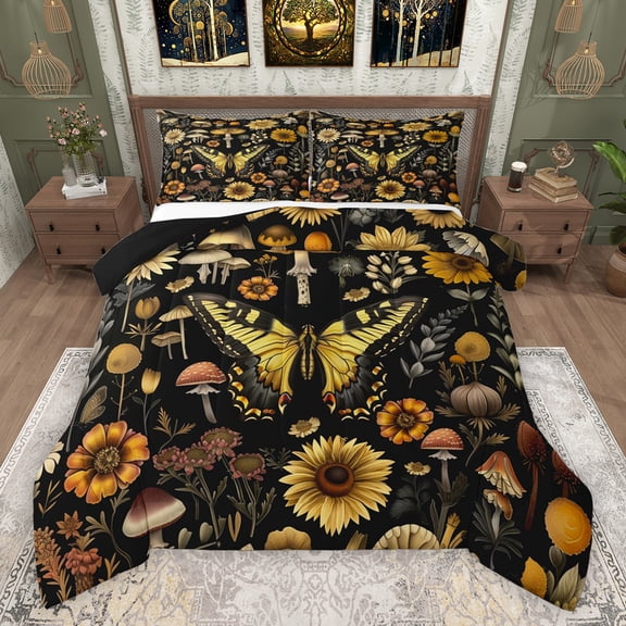 Feelyou 3D Butterfly Animal Queen Comforter Set, Rustic Groovy Floral Bedding Sets, Farmhouse Botanical Plant Reversible Bedding Comforter Set, Lightweight Room Decor, 3-Piece