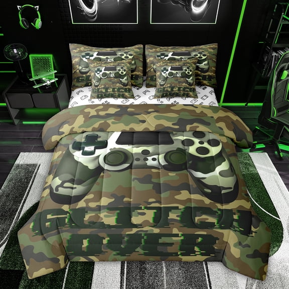 Feelyou 3D Camo Gamepad Bedding Comforter Set 7pcs for Boys, Cartoon Games Controller King Bedding Sets, Game Over Theme Reversible Bed Sheets, Ultra Soft Bedroom Decor