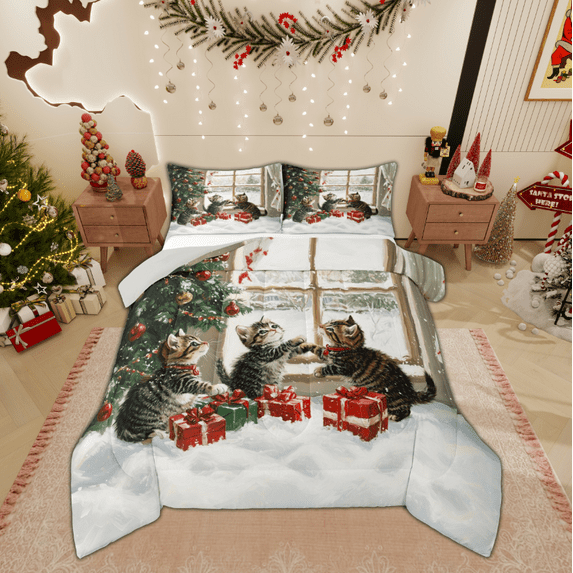 Feelyou 3D Car Kitten Bedding Comforter Set for Teens, Christmas Tree Gifts Twin Comforter Sets, Animal Lover Reversible Bedding Set, Microfiber Bedroom Decor, 2 Pieces