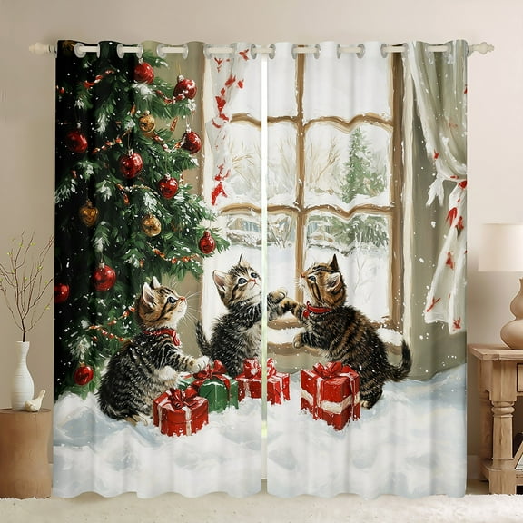 Feelyou 3D Car Kitten Black Out Curtains for Teens, Christmas Tree Gifts Curtains Pack of 2 (42x63 Each), Animal Lover Bedroom Curtains, Microfiber Bedroom Decor