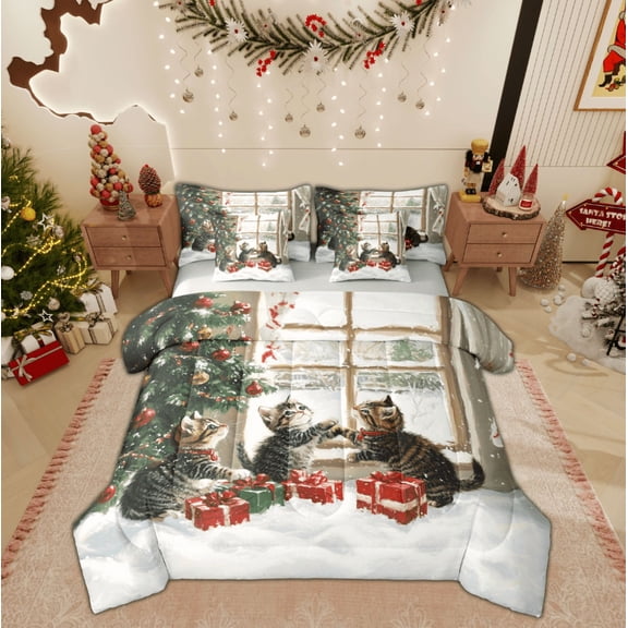 Feelyou 3D Car Kitten Twin Bedding Sets 7-Piece for Teens, Christmas Tree Gifts Bedding Comforter Set, Animal Lover Reversible Sheet Sets, Microfiber Bedroom Decor