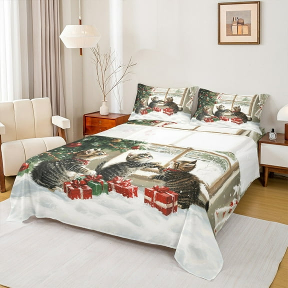 Feelyou 3D Car Kitten Twin Sheet Sets for Teens, Christmas Tree Gifts Twin Fitted Sheet, Animal Lover Flat Sheet, Microfiber Bedroom Decor, 3 Pieces
