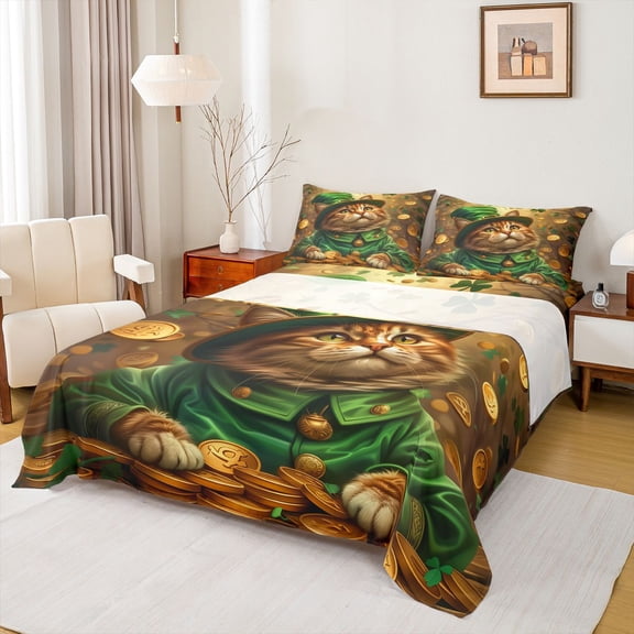 Feelyou 3D Cat Animal Twin Sheet Sets, St. Patrick's Day Bedding, 3-Piece