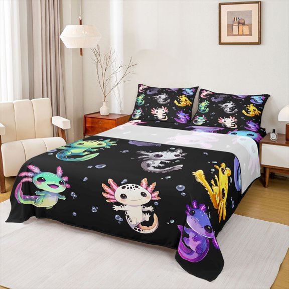 Feelyou 3D Colorful Axolotl Full Size Sheets, Magic Marine Sealife Bed Sheets, Teens Kids Boys Girls Sheet Sets, Lightweight Room Decor, 4 Pieces