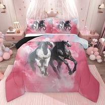 Feelyou 3D Couple Horse Bedding Comforter Set for Kids, Kawaii Rustic Animal Twin Comforter Sets, Pink Watercolor Reversible Bedding Set, Luxury Bedroom Decor, 2-Piece